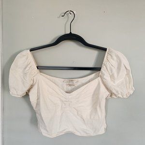 Pull & Bear Puff Sleeve Cream Crop Top (S)